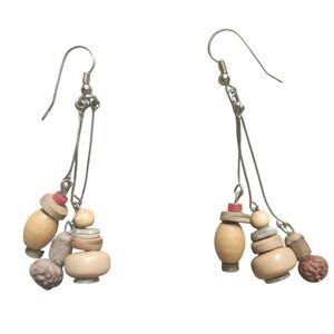 Boho Wooden Beaded Dangle Earrings with Mixed Beads Lightweight Unique Earthy